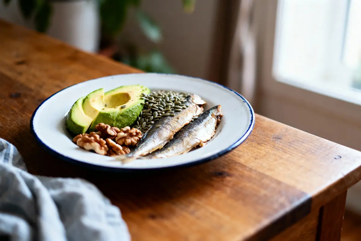 Assiette contenant avocat, graines de courge, noix, et poissons sur table en bois près d'une fenêtre.