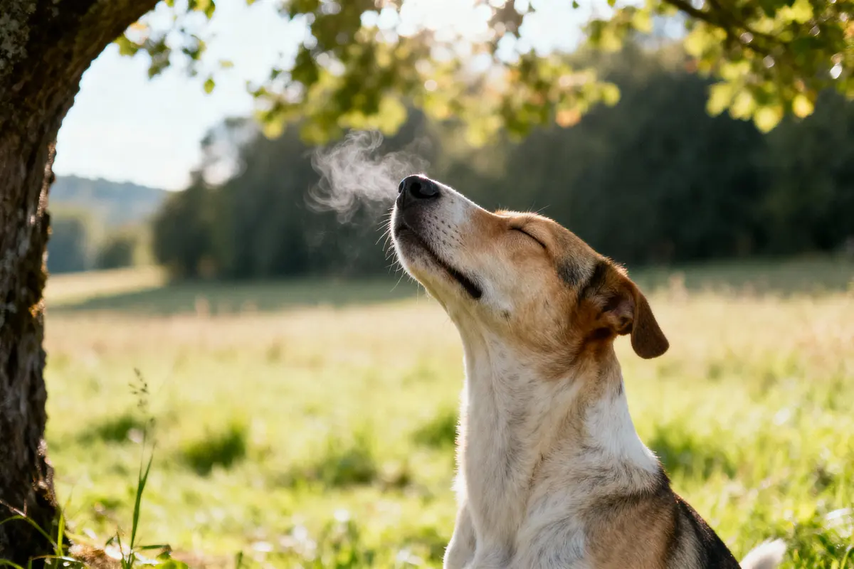 Chien assis sous un arbre, respirant calmement, dans un champ verdoyant ensoleillé, avec souffle visible.
