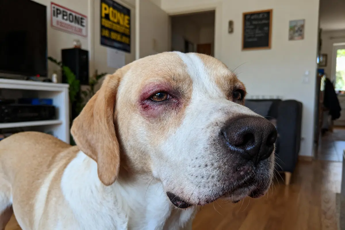 Chien au pelage clair avec œil enflé, intérieur d'une maison en arrière-plan.