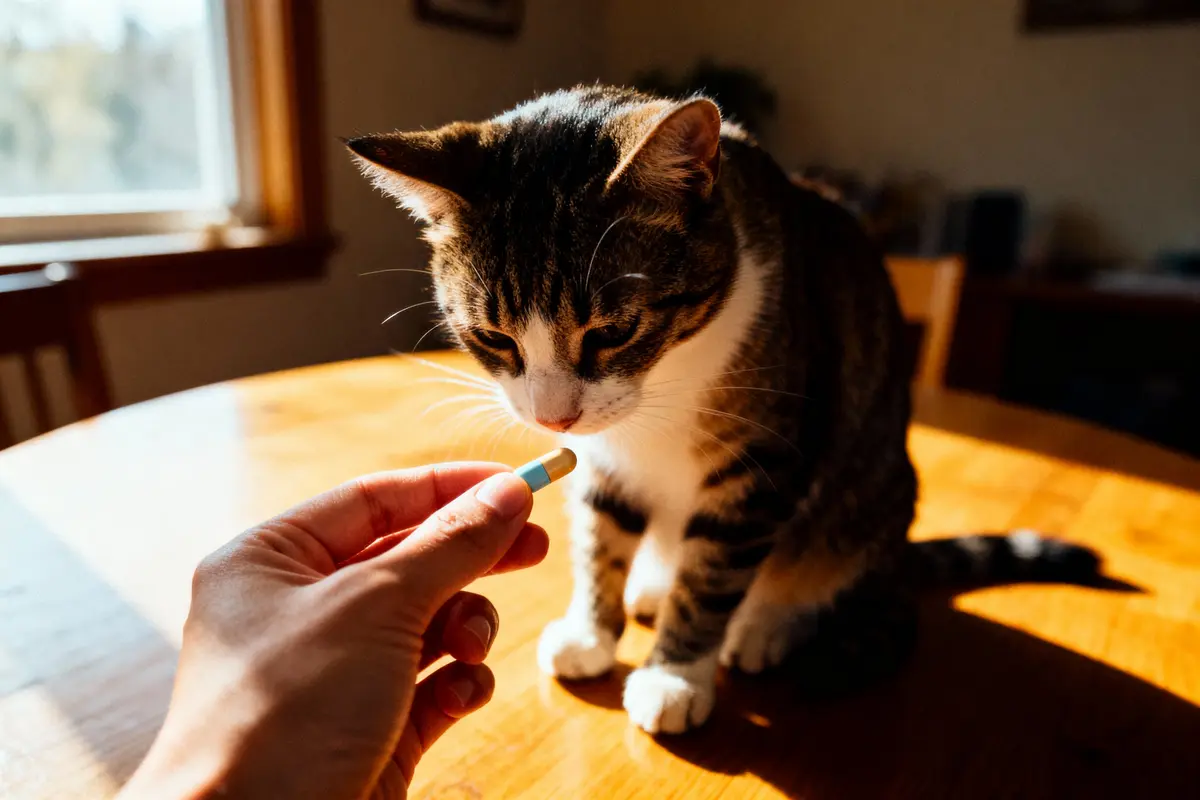 Chat tigré reniflant une capsule tenue par une main, sur une table en bois, éclairage naturel.
