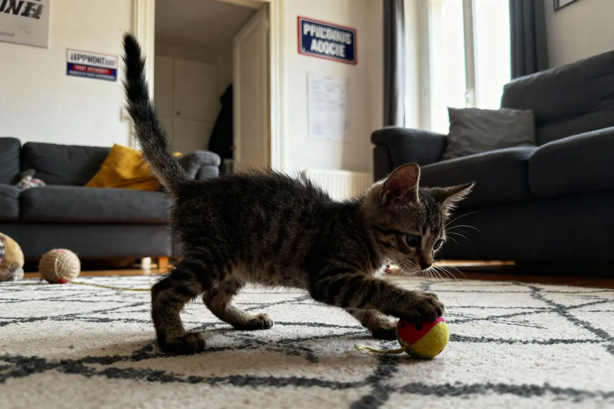 Chaton tigré joue avec balle colorée, tapis blanc, salon avec canapé et coussins en arrière-plan.