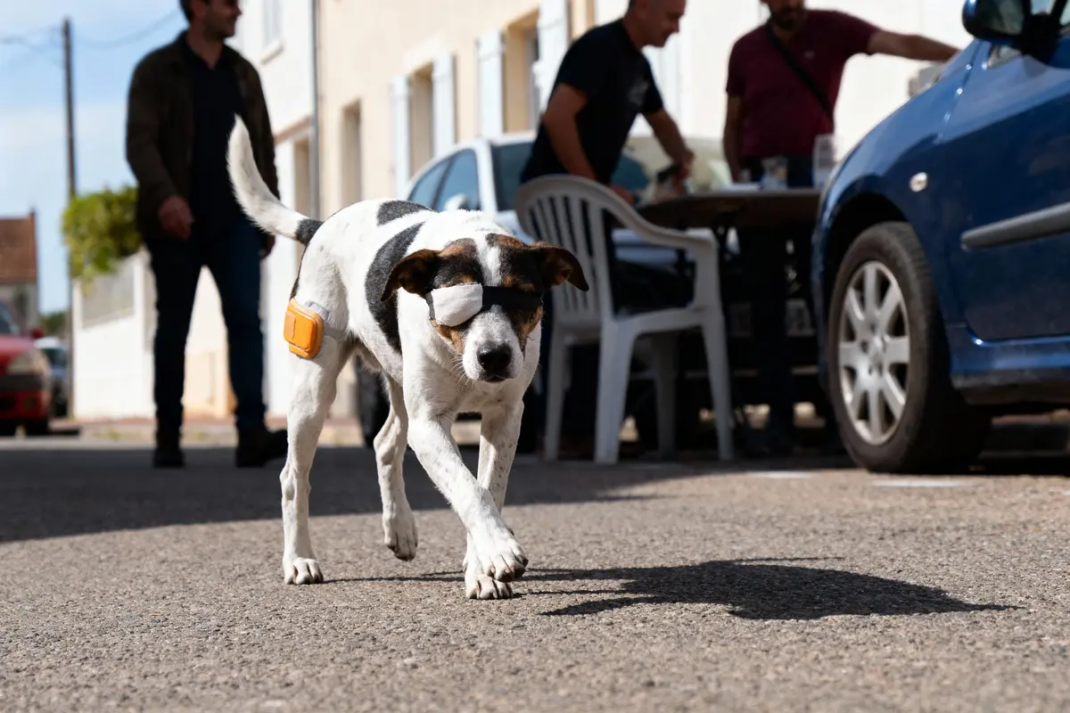 Chien marchant dans la rue avec bandage sur l'œil, voitures et personnes floues en arrière-plan.