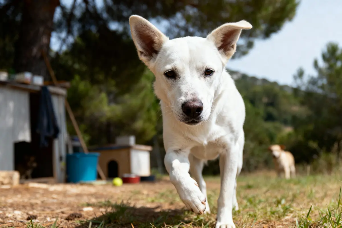 Chien blanc courant, fond de nature et niche, jour ensoleillé, arbres en arrière-plan.