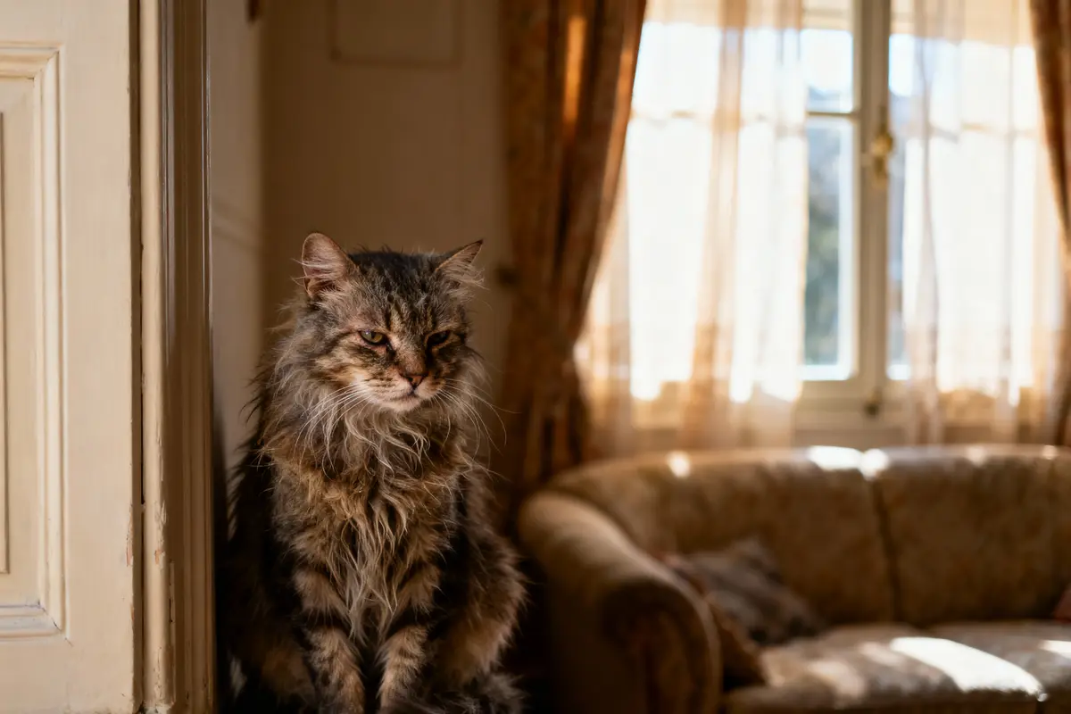 Chat à poils longs assis près d'une porte, salon ensoleillé avec canapé en arrière-plan.