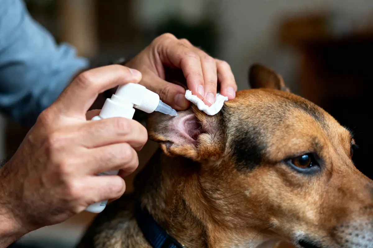 Personne nettoyant l'oreille d'un chien avec un liquide médicinal et un coton.