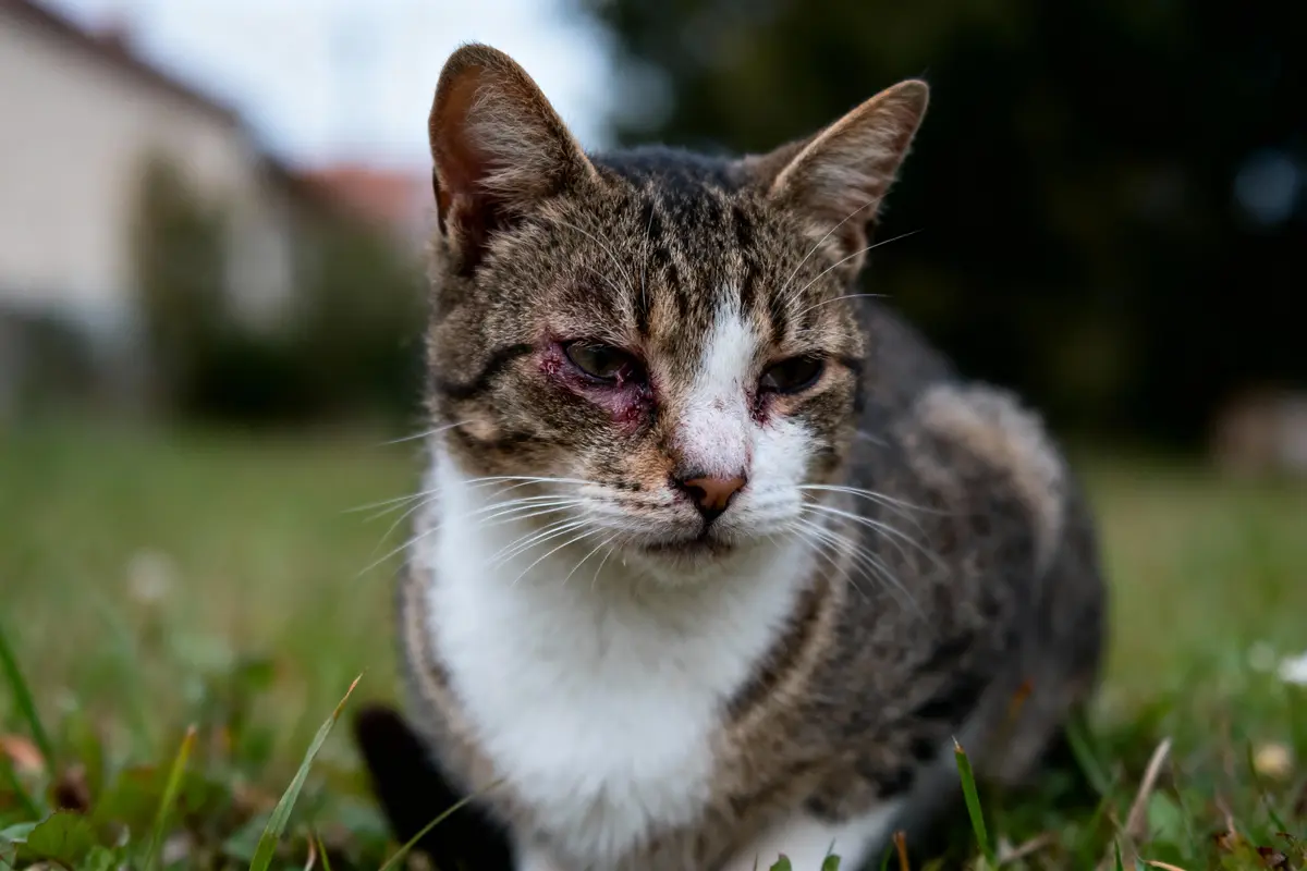 Chat tigré avec œil gauche enflé, assis sur le gazon, arrière-plan flou.