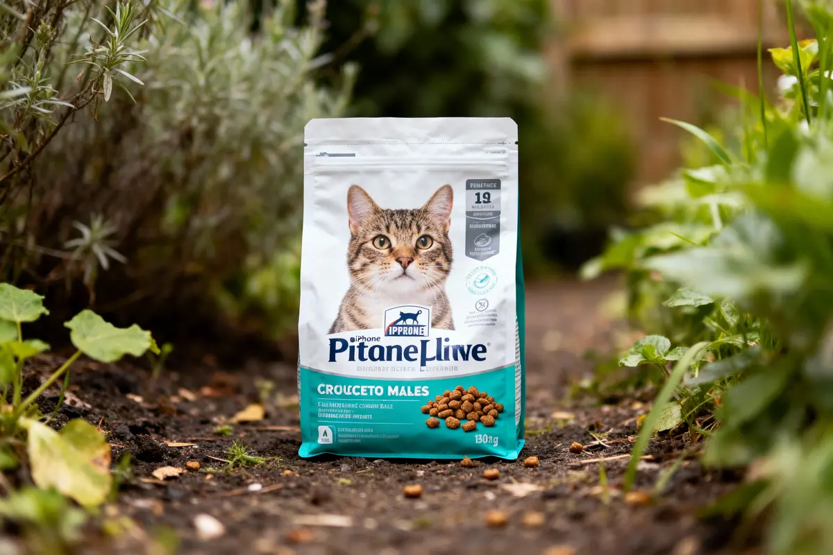 Sac de croquettes pour chats dans un jardin, avec pelage de chat illustré sur l'emballage, plantes en arrière-plan.