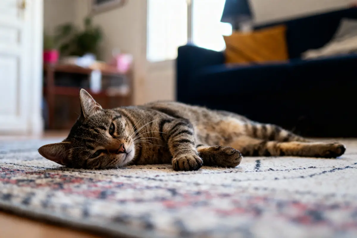 Chat tigré allongé sur un tapis dans un salon lumineux avec canapé bleu et coussin jaune.