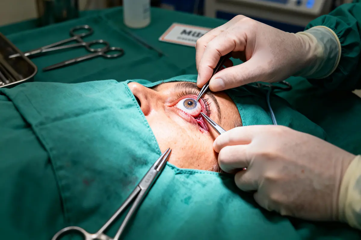 Chirurgie de l'œil en cours avec instruments chirurgicaux et personnel médical en tenue stérile.
