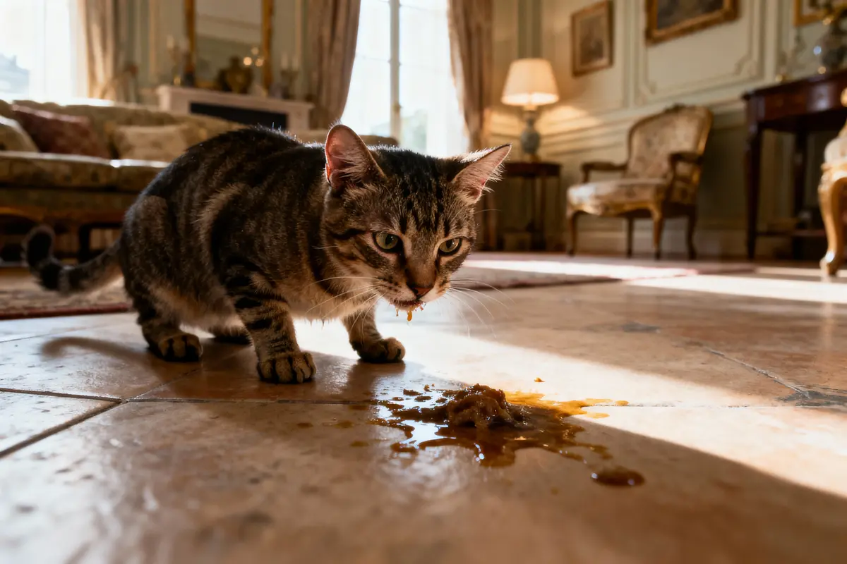 Chat tigré mangeant de la nourriture humide sur un sol en marbre, intérieur élégant et lumineux.