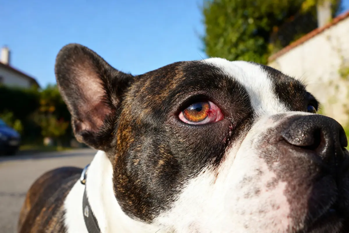 Gros plan sur un visage de chien avec pelage noir et blanc, regardant vers le haut.