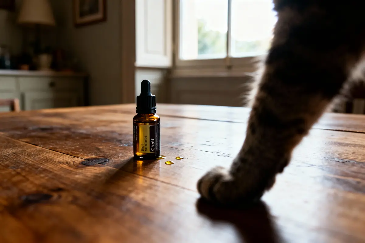 Bouteille d'huile sur table en bois avec patte de chat au soleil.