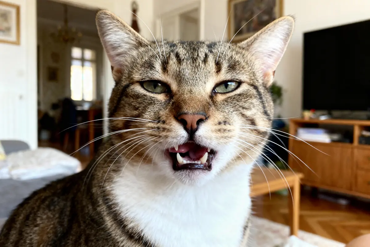 Chat tigré expressif, intérieur d'une maison avec meubles en bois et télévision en arrière-plan.