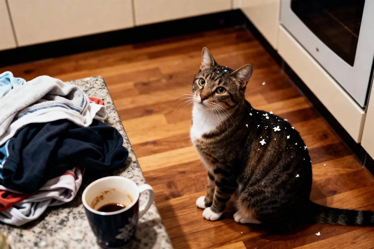 Chat tigré assis sur du parquet, près d’une tasse vide et du linge, regardant vers l’appareil photo.