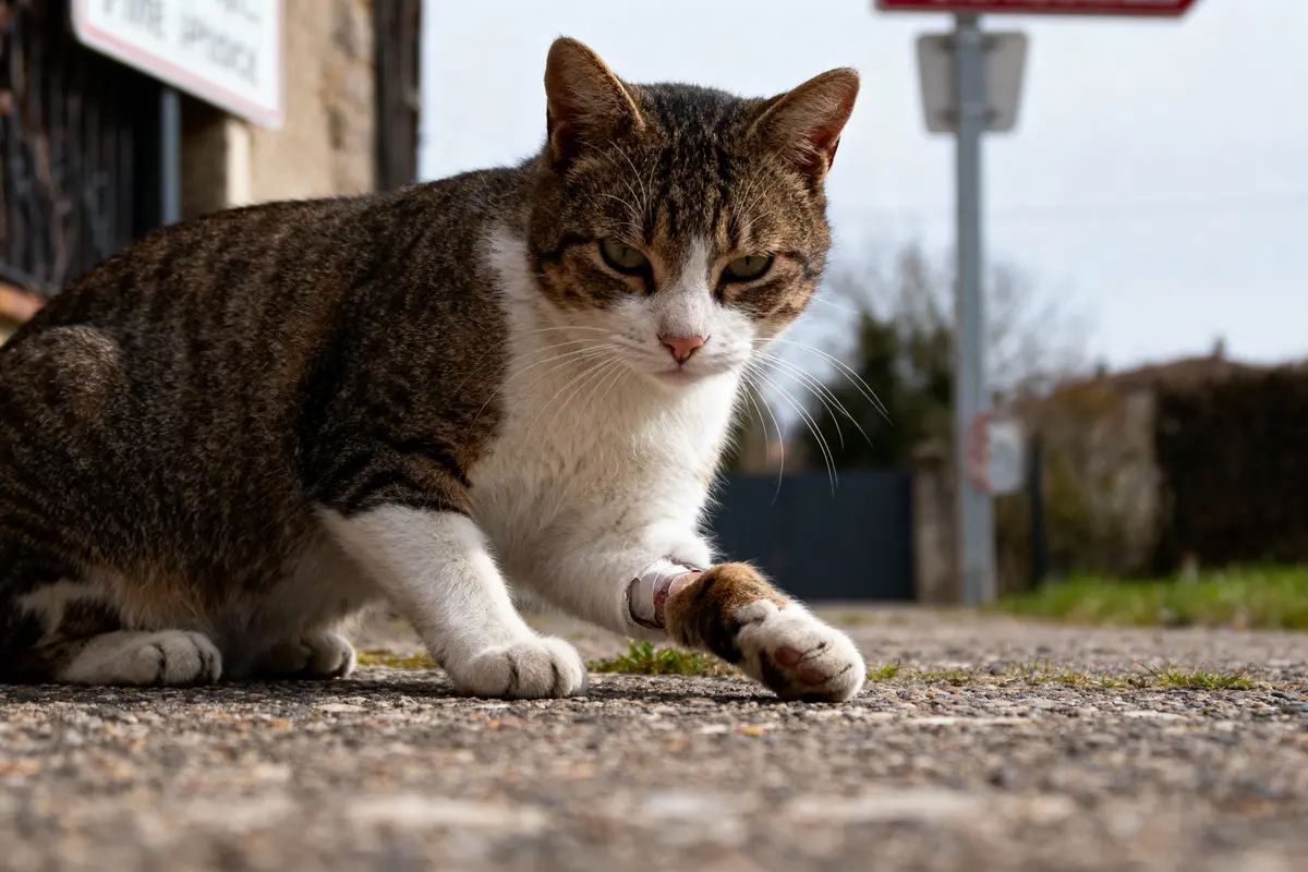 Chat tigré à l'extérieur avec bandage sur la patte, regard intense, trottant sur un chemin pavé.