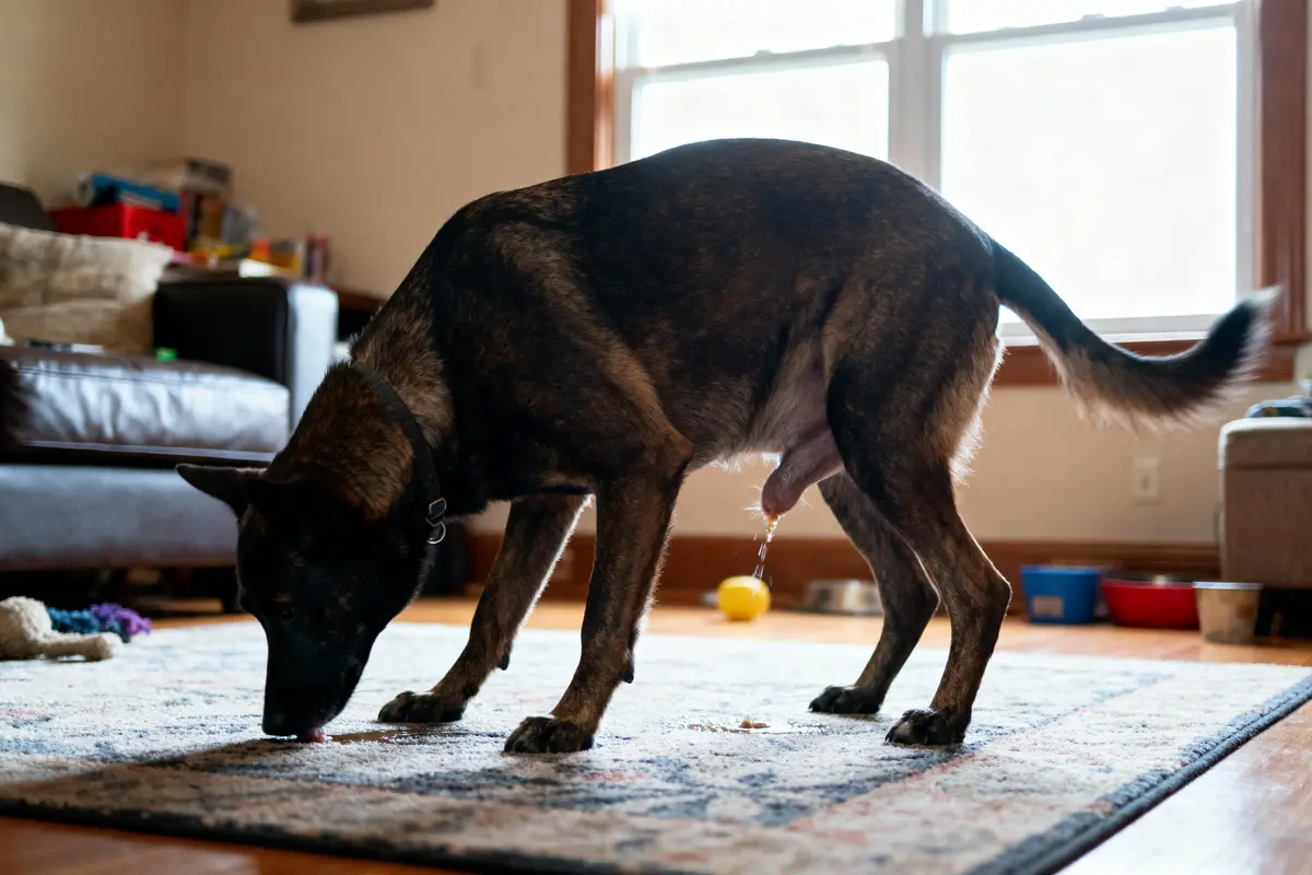 Chien brun reniflant le sol dans un salon sur un tapis, avec des objets en arrière-plan.