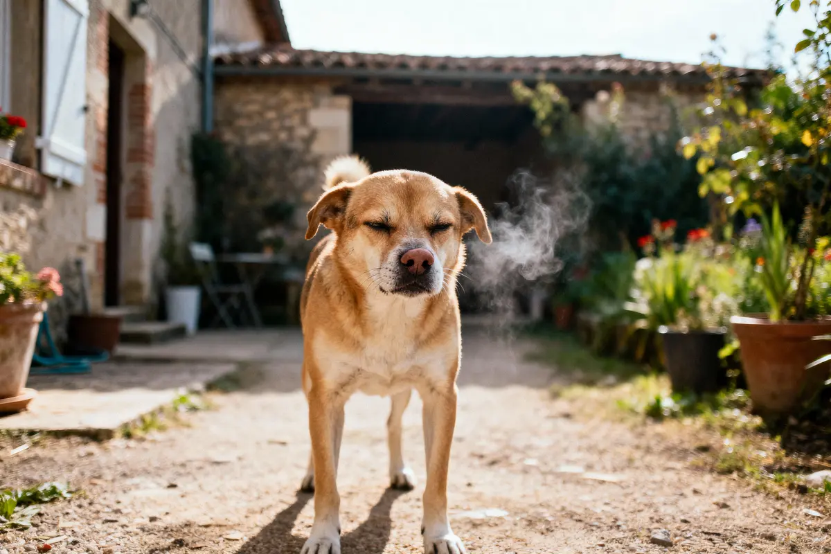 Chien beige fermant les yeux, exhalant de la vapeur, dans une cour ensoleillée entourée de plantes en pots.