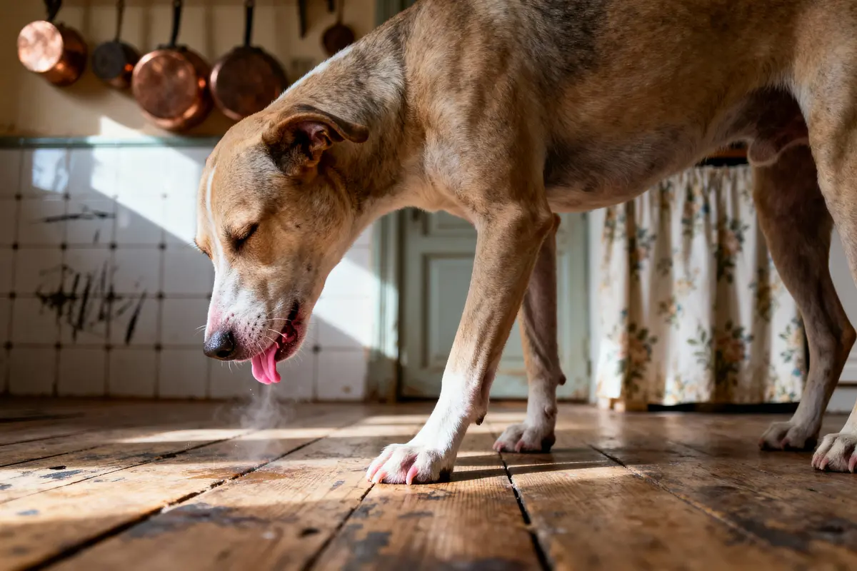 Chien léchant le plancher en bois dans une cuisine lumineuse, casseroles en cuivre suspendues en arrière-plan.