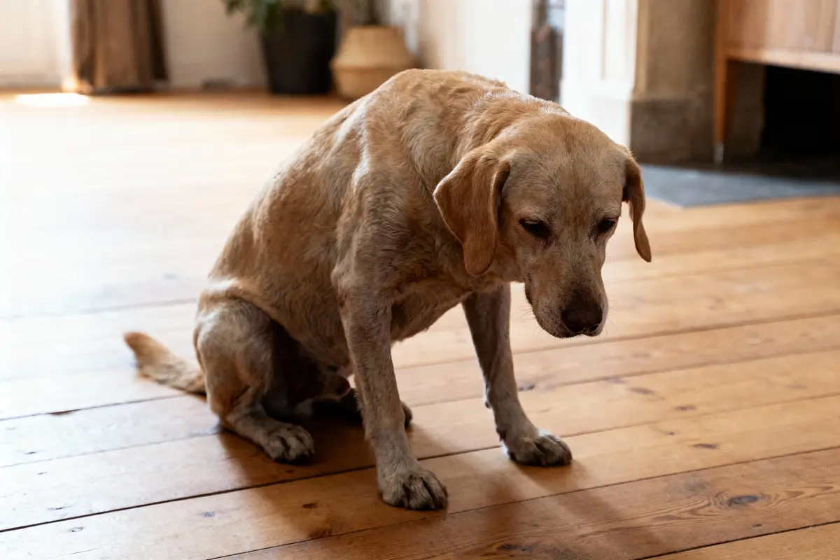 Chien labrador âgé assis sur un sol en bois à l'intérieur d'une maison lumineuse.