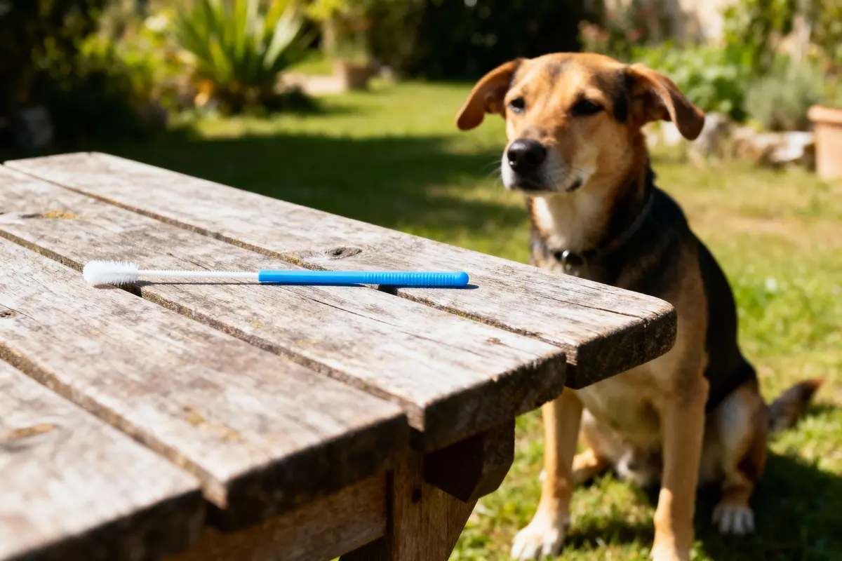 Chien attentif, assis près de table en bois avec goupillon bleu, jardin à l'arrière-plan ensoleillé.