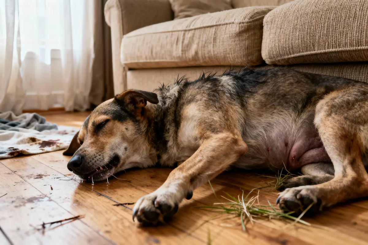 Chien endormi sur le sol en bois, près d'un canapé, avec des herbes autour.