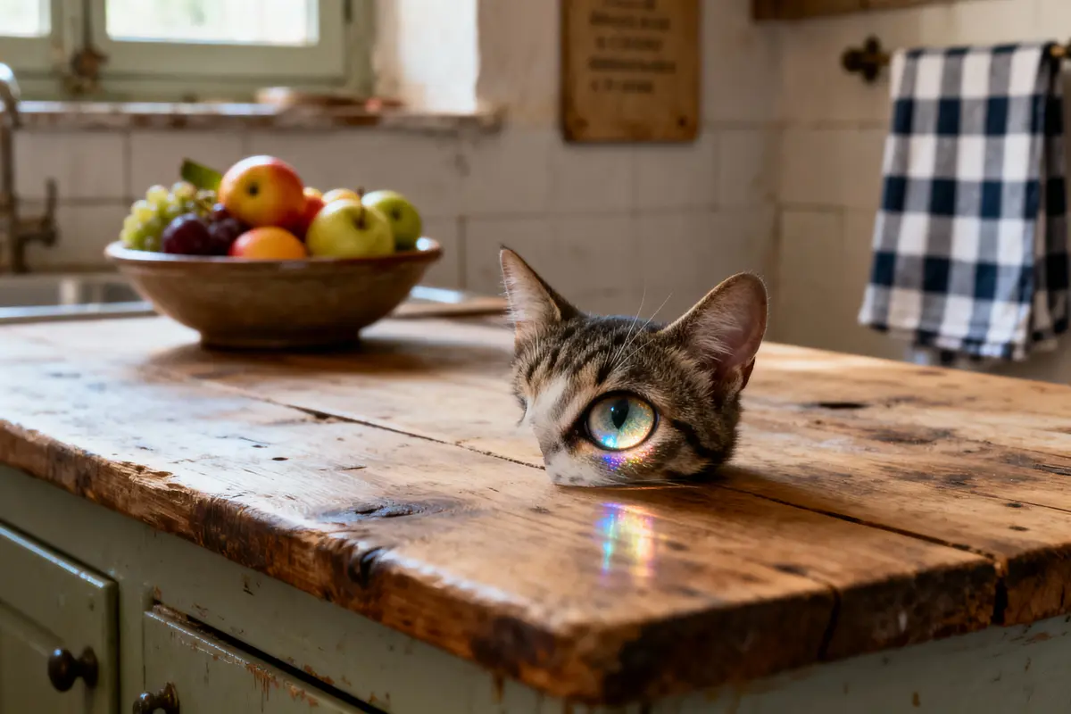 Chat avec œil unique sur table, bol de fruits, arc-en-ciel, intérieur cuisine rustique.