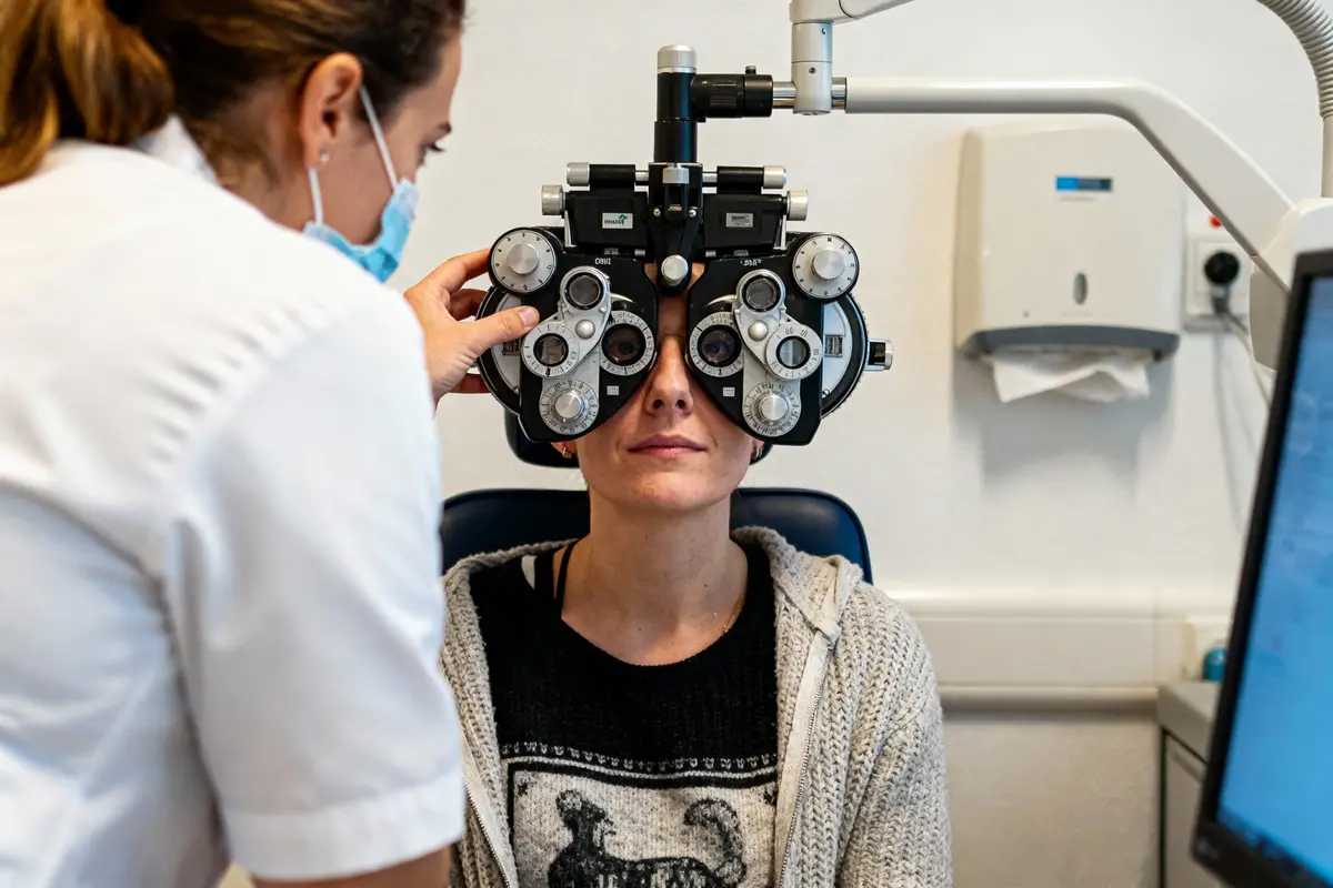 Une femme subit un test de vision à l'aide d'un phoroptère chez l'ophtalmologue.