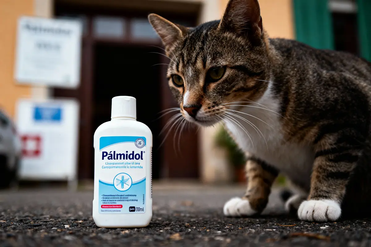 Chat brun et blanc reniflant une bouteille de produit nommé "Pálmidol" sur une surface en extérieur.