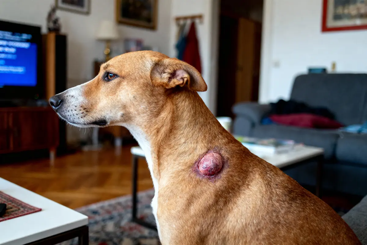 Chien beige intérieur, gros kyste sur le dos, salon moderne, télévision allumée en arrière-plan.