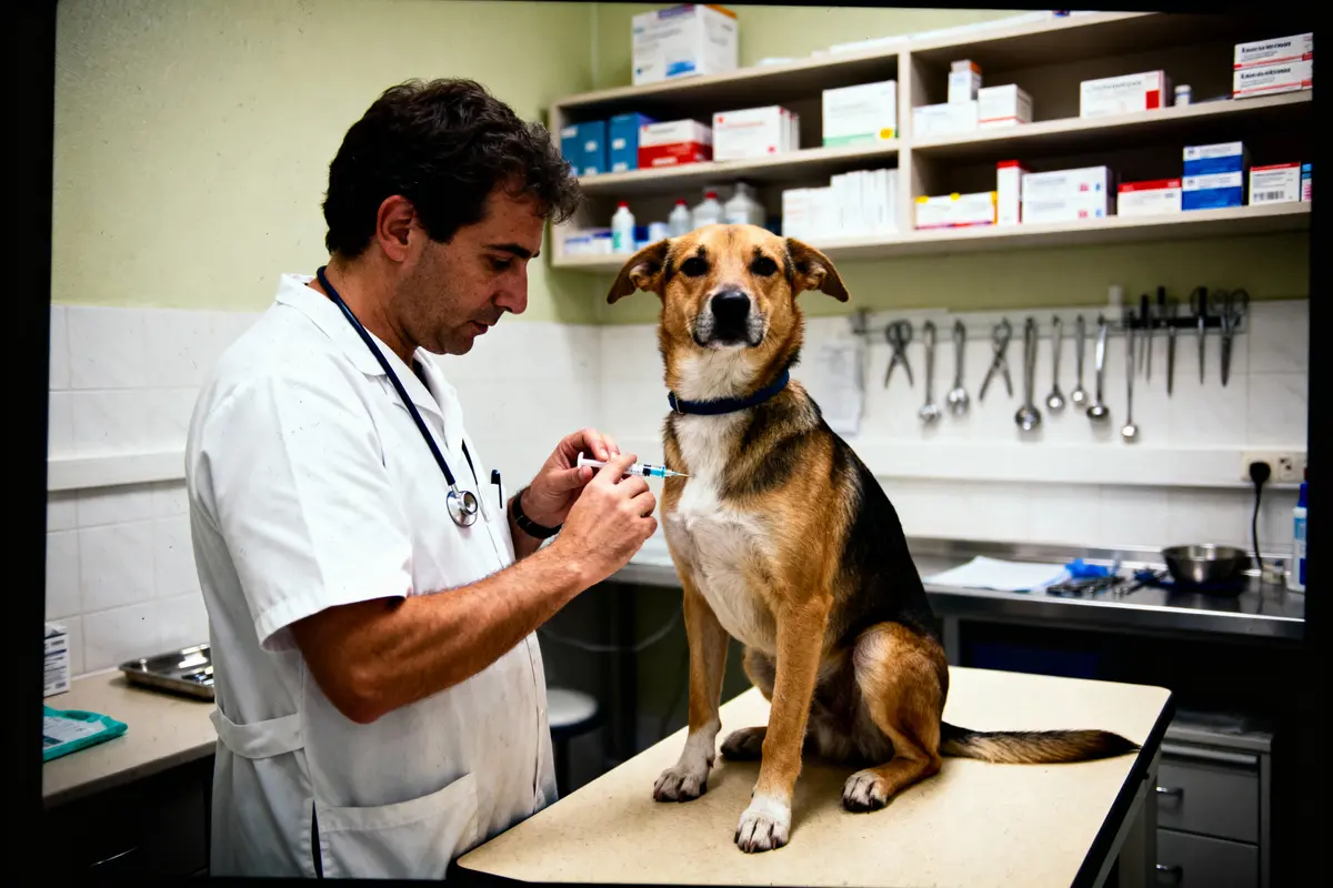 Vétérinaire administrant une injection à un chien assis sur une table dans une clinique vétérinaire.