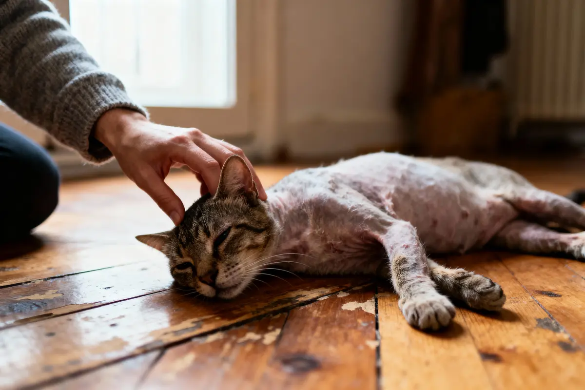 Chat allongé sur un plancher en bois, caressé par une main humaine, semble relaxé et apaisé.