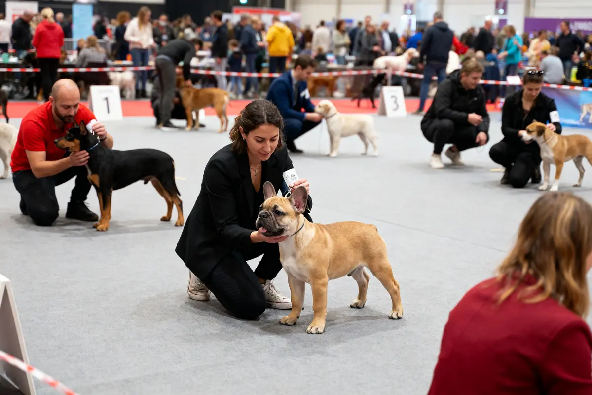 Concours canin avec plusieurs participants et leurs chiens dans un espace intérieur, public observant en arrière-plan.