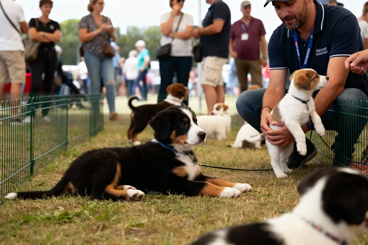 Des chiots jouent sur l'herbe, entourés de personnes dans un espace extérieur clôturé.