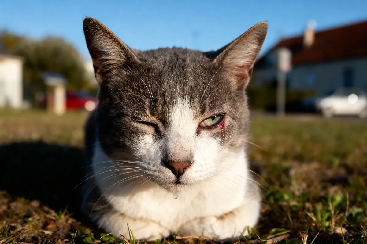 Chat gris et blanc clignant de l'œil, assis sur l'herbe par temps ensoleillé.