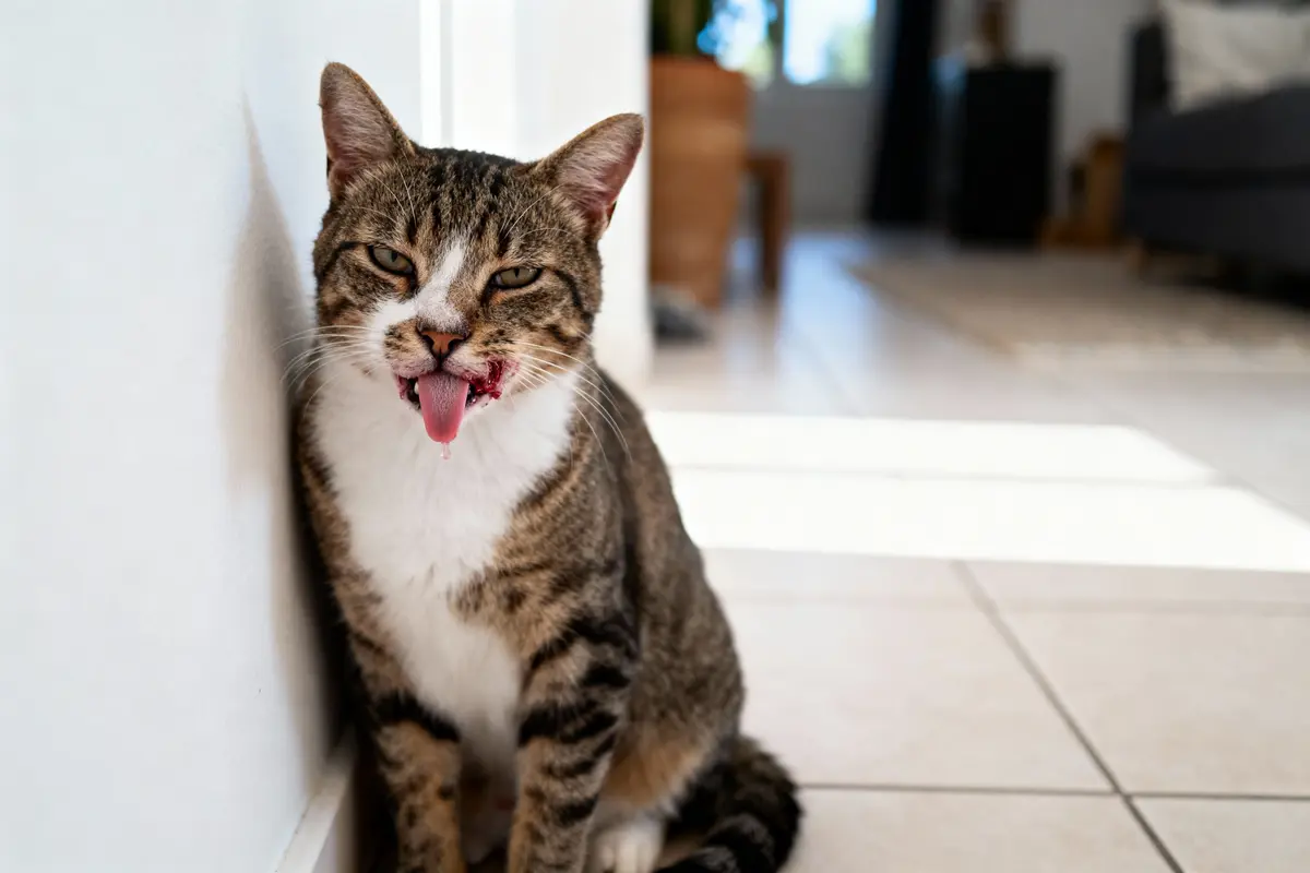 Chat tigré assis sur le sol, langue sortie, fond intérieur flou, mur blanc à gauche.