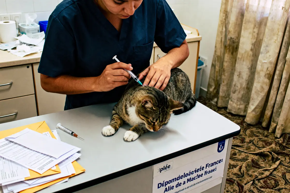 Vétérinaire administre une injection à un chat sur une table de consultation, documents à proximité.