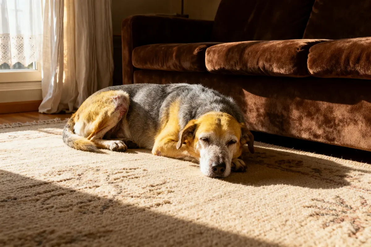 Chien âgé endormi sur un tapis beige, éclairé par le soleil près d’un canapé marron.