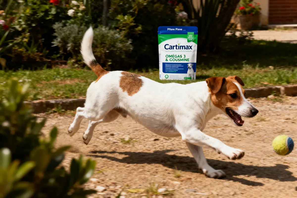 Chien blanc et marron court après une balle devant un paquet de compléments alimentaires Cartimax, jardin en arrière-plan.