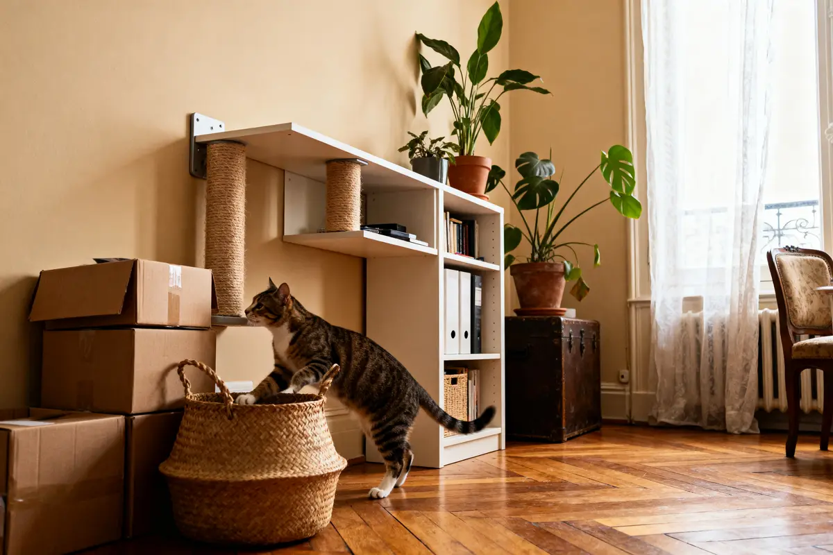 Chat tigré explorant un salon avec plantes, étagères, paniers et cartons sur un parquet en bois.