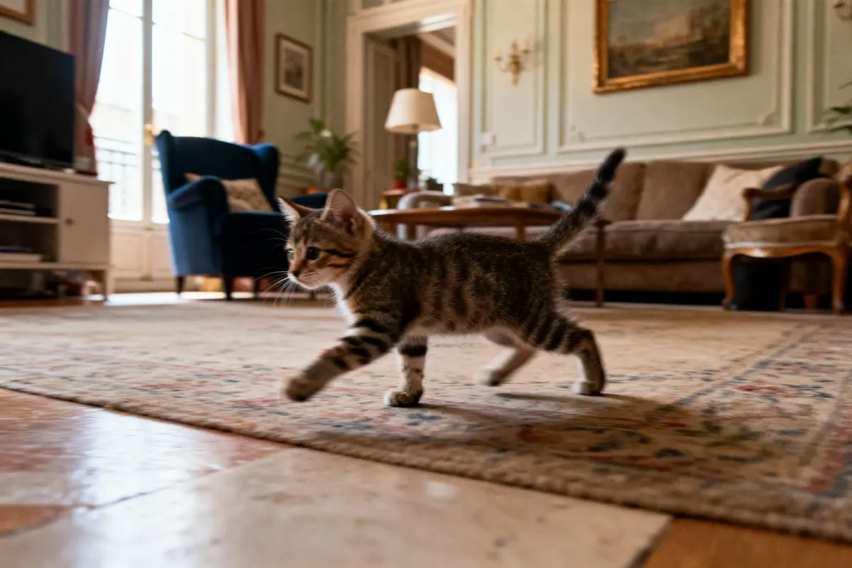 Chaton tigré marchant sur un tapis dans un salon élégant avec mobilier et décoration classique.