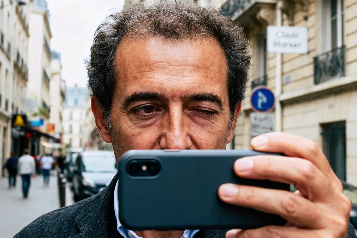 Homme en costume dans la rue, prenant une photo avec un smartphone, un œil fermé.