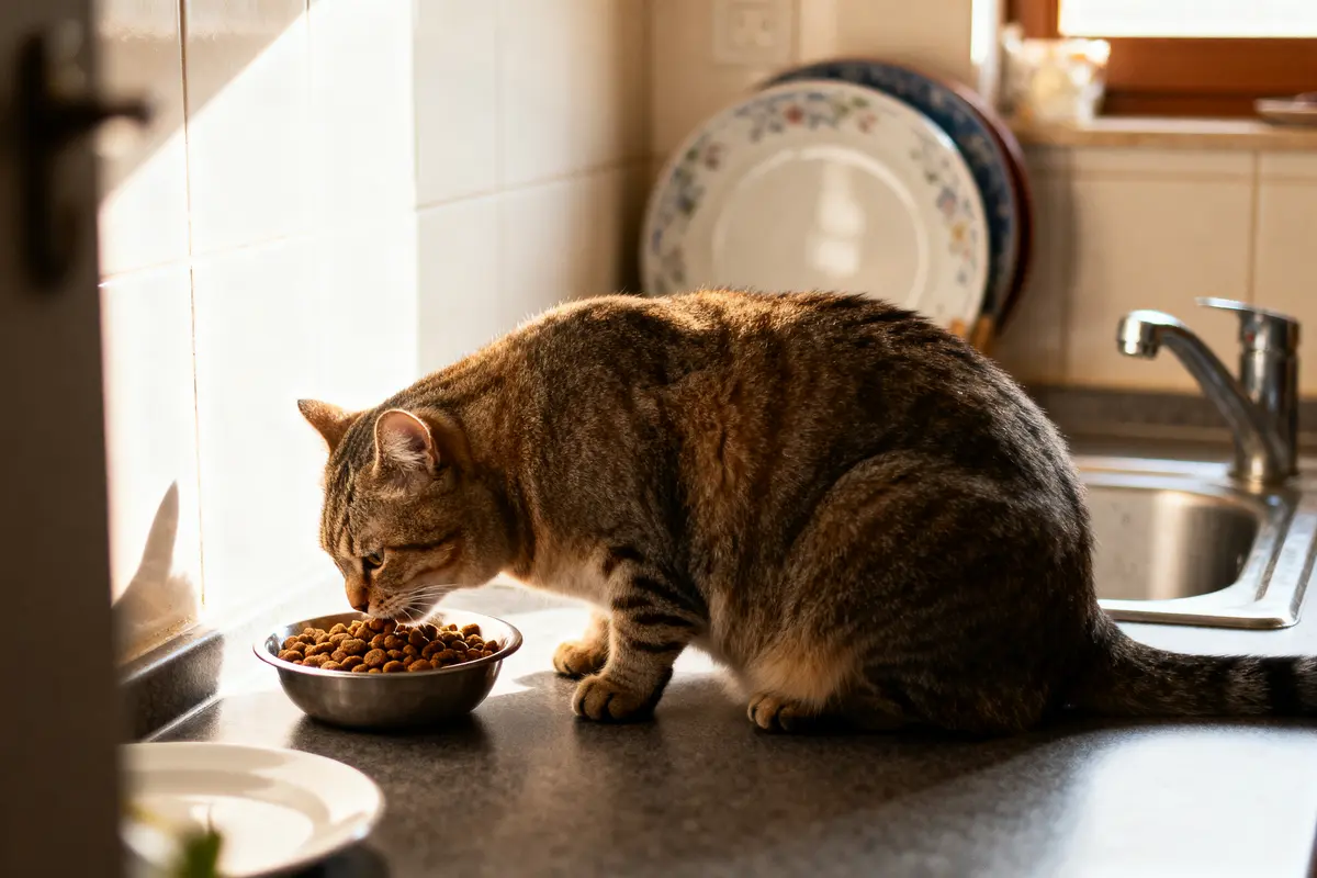 Chat tigré mangeant des croquettes dans un bol en métal sur un comptoir de cuisine, près de l'évier.