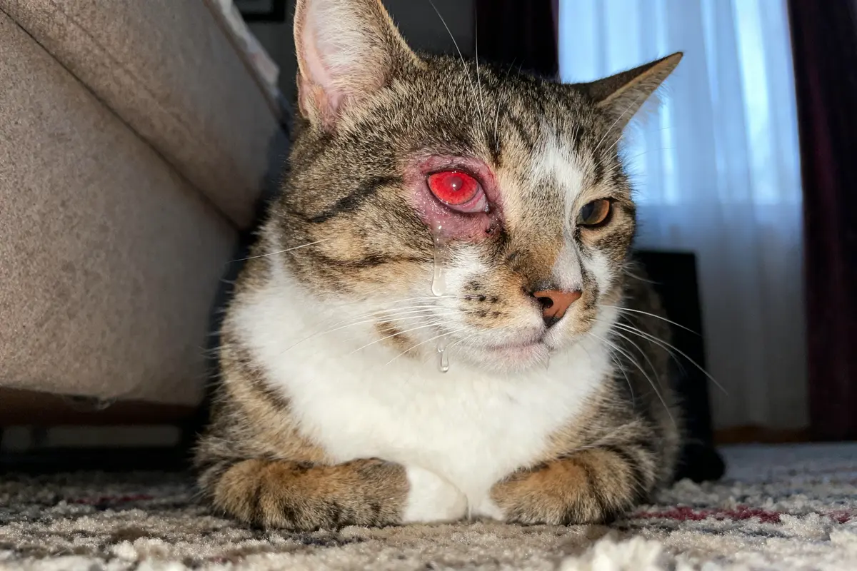 Chat rayé couché, oeil droit rouge et larmoyant, sur tapis à côté d'un canapé.