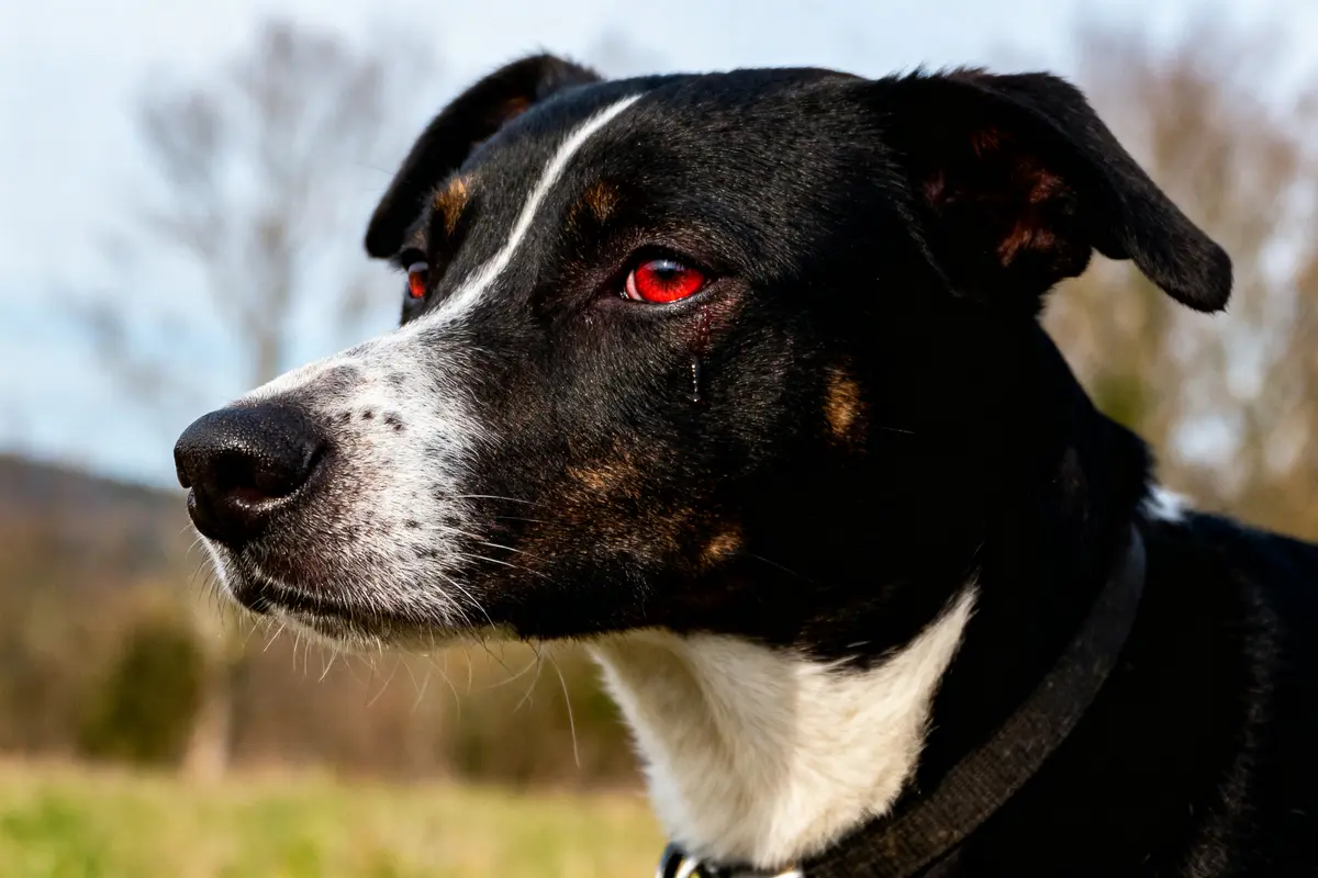 Chien noir et blanc, collier noir, yeux rouges, en extérieur avec arrière-plan flou d'arbres.