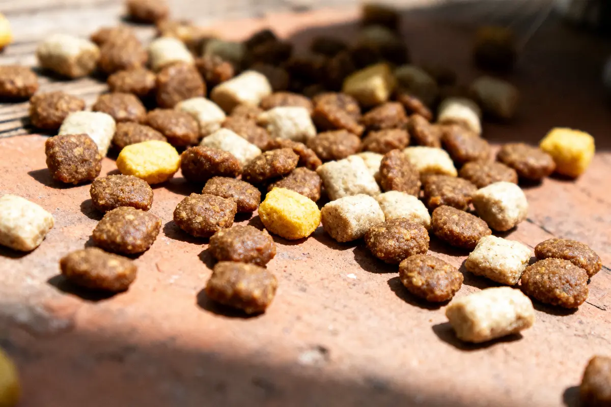 Croquettes pour animaux de compagnie de différentes couleurs sur une surface ensoleillée.