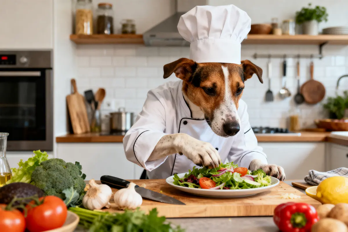 Chien habillé en chef cuisinier prépare une salade dans une cuisine, avec des légumes frais autour.