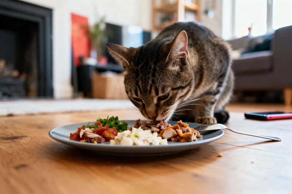 Chat tigré dégustant un repas sur une assiette, dans un intérieur chaleureux et lumineux.