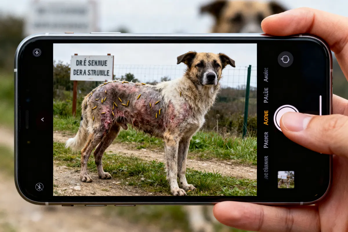 Un chien errant blessé photographié via un smartphone, fond flou de nature et panneau.