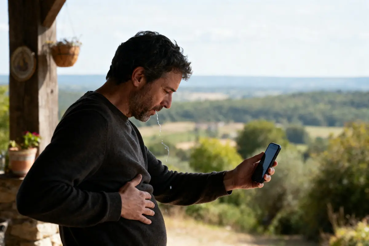 Homme barbu regardant son téléphone, bave, en plein air, paysage rural en arrière-plan, portant un pull noir.