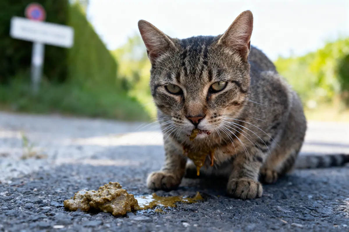 Chat tigré vomissant sur la route, regard perçant, environnement naturel flou en arrière-plan.
